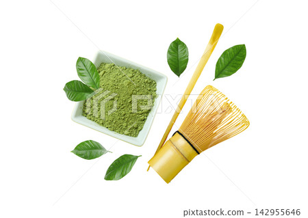 Matcha. Bowl filled with matcha powder alongside tea preparation tools and leaves. PNG Matcha. Bowl filled with matcha powder alongside tea preparation tools and leaves. PNG 142955646