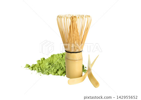 Matcha. Bamboo whisk and green matcha powder displayed elegantly. PNG Matcha. Bamboo whisk and green matcha powder displayed elegantly. PNG 142955652