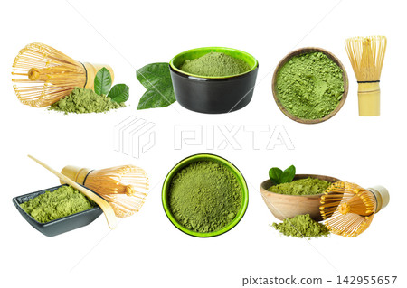 Matcha. Different matcha powders and tea tools arranged harmoniously. PNG Matcha. Different matcha powders and tea tools arranged harmoniously. PNG 142955657