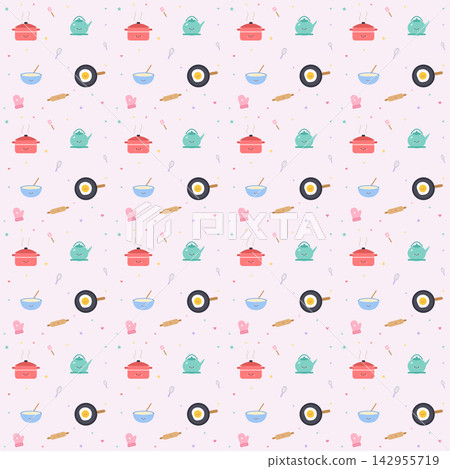Seamless cute kawaii kitchen pattern with a cooking pot Seamless cute kawaii kitchen pattern with a cooking pot 142955719