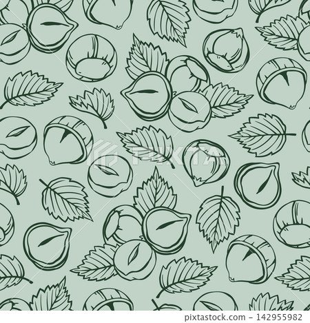 Seamless Pattern with Hazelnuts, Shells and Serrated Leaves. Hand Drawn Doodle Style Nut Repeat in Green on Sage Background. Endless Motif for Fabric, Textile, Wallpaper and Wrapping Paper 142955982