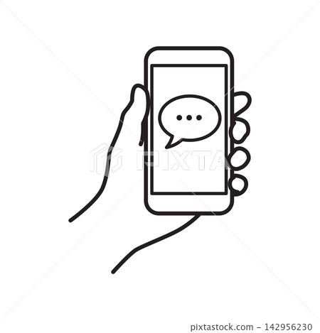 Minimalist line art icon of a hand holding a mobile phone displaying a speech bubble, representing text messaging, online chat, mobile communication, and social media. Minimalist line art icon of a hand holding a mobile phone displaying a speech bubble, representing text messaging, online chat, mobile communication, and social media. 142956230