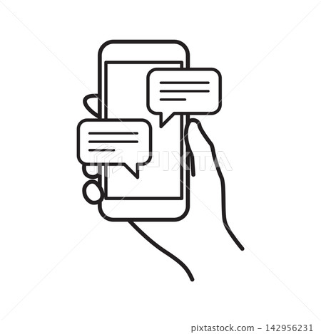 Simple line art icon showing a hand holding a smartphone with multiple chat bubbles, representing active messaging, online conversation, customer support, and instant chat. Simple line art icon showing a hand holding a smartphone with multiple chat bubbles, representing active messaging, online conversation, customer support, and instant chat. 142956231