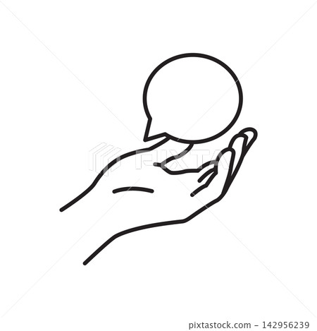 Clean line art icon of an open hand presenting a blank speech bubble, representing communication, message, idea sharing, discussion, and public opinion. Clean line art icon of an open hand presenting a blank speech bubble, representing communication, message, idea sharing, discussion, and public opinion. 142956239