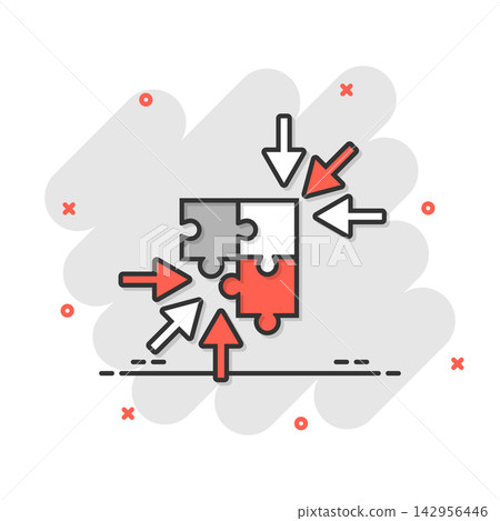 Puzzle jigsaw icon in comic style. Solution compatible cartoon vector illustration on white isolated background. Combination splash effect business concept. Puzzle jigsaw icon in comic style. Solution compatible cartoon vector illustration on white isolated background. Combination splash effect business concept. 142956446