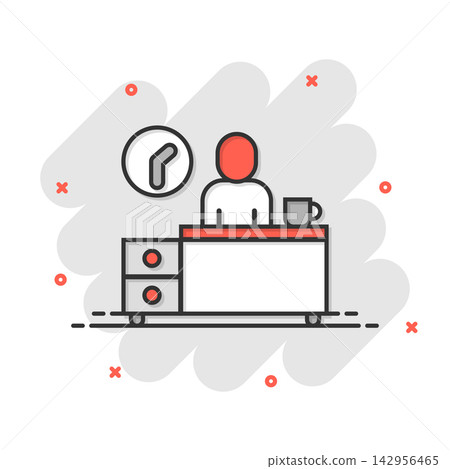 People with table lamp and clock icon in comic style. Coworking space cartoon vector illustration on white isolated background. Freelancer workplace splash effect business concept. People with table lamp and clock icon in comic style. Coworking space cartoon vector illustration on white isolated background. Freelancer workplace splash effect business concept. 142956465