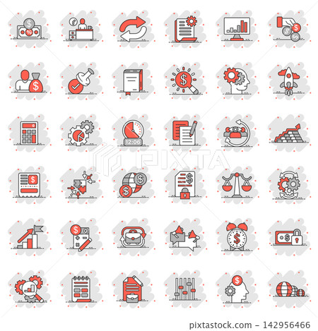 Business icon set in comic style. Money, people, document cartoon vector illustration on white isolated background. Freelancer diagram splash effect business concept. Business icon set in comic style. Money, people, document cartoon vector illustration on white isolated background. Freelancer diagram splash effect business concept. 142956466