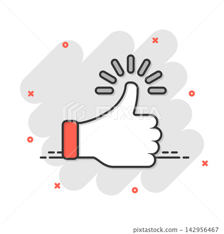Thumb up icon in comic style. Like gesture cartoon vector illustration on white isolated background. Approval mark splash effect business concept. Thumb up icon in comic style. Like gesture cartoon vector illustration on white isolated background. Approval mark splash effect business concept. 142956467