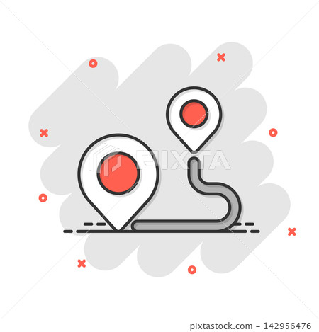 Map pin icon in comic style. GPS navigation cartoon vector illustration on white isolated background. Locate position splash effect business concept. Map pin icon in comic style. GPS navigation cartoon vector illustration on white isolated background. Locate position splash effect business concept. 142956476