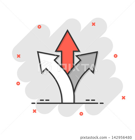 Crossroad icon in comic style. Road direction navigation cartoon vector illustration on white isolated background. Locate pin position splash effect business concept. Crossroad icon in comic style. Road direction navigation cartoon vector illustration on white isolated background. Locate pin position splash effect business concept. 142956480
