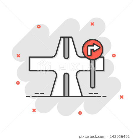 Crossroad icon in comic style. Road direction navigation cartoon vector illustration on white isolated background. Locate pin position splash effect business concept. Crossroad icon in comic style. Road direction navigation cartoon vector illustration on white isolated background. Locate pin position splash effect business concept. 142956491