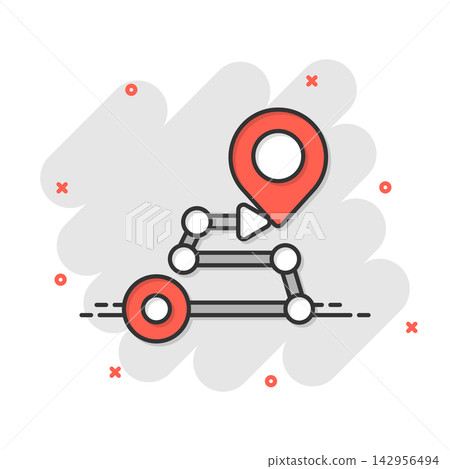 Map pin icon in comic style. GPS navigation cartoon vector illustration on white isolated background. Locate position splash effect business concept. Map pin icon in comic style. GPS navigation cartoon vector illustration on white isolated background. Locate position splash effect business concept. 142956494