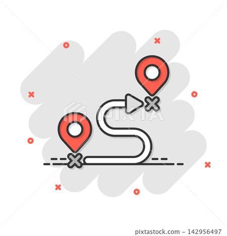 Map pin icon in comic style. GPS navigation cartoon vector illustration on white isolated background. Locate position splash effect business concept. Map pin icon in comic style. GPS navigation cartoon vector illustration on white isolated background. Locate position splash effect business concept. 142956497