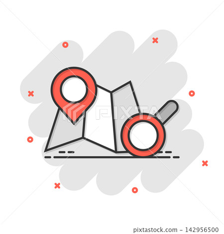 Map with magnifier icon in comic style. Gps navigation cartoon vector illustration on white isolated background. Locate position splash effect business concept. Map with magnifier icon in comic style. Gps navigation cartoon vector illustration on white isolated background. Locate position splash effect business concept. 142956500