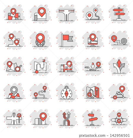 Navigation icon set in comic style. Gps direction cartoon vector illustration on white isolated background. Locate pin position splash effect business concept. Navigation icon set in comic style. Gps direction cartoon vector illustration on white isolated background. Locate pin position splash effect business concept. 142956501