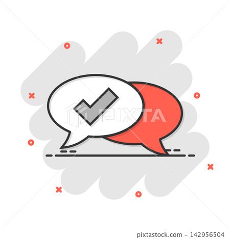 Speak chat sign icon in comic style. Speech bubble with check mark cartoon vector illustration on white isolated background. Team discussion button splash effect business concept. Speak chat sign icon in comic style. Speech bubble with check mark cartoon vector illustration on white isolated background. Team discussion button splash effect business concept. 142956504