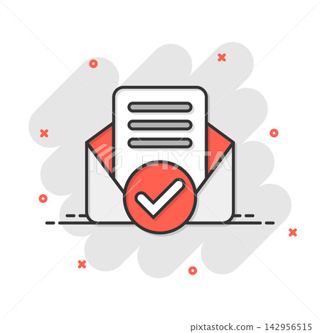 Envelope with confirmed document icon in comic style. Verify cartoon vector illustration on white isolated background. Receive splash effect business concept. Envelope with confirmed document icon in comic style. Verify cartoon vector illustration on white isolated background. Receive splash effect business concept. 142956515