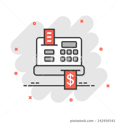 Cash register icon in comic style. Check machine cartoon vector illustration on white isolated background. Payment splash effect business concept. Cash register icon in comic style. Check machine cartoon vector illustration on white isolated background. Payment splash effect business concept. 142956542