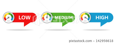 Risk meter icon set collection in flat style. High, low, medium level vector illustration on isolated background. Speedometer, barometer sign business concept. Risk meter icon set collection in flat style. High, low, medium level vector illustration on isolated background. Speedometer, barometer sign business concept. 142956618