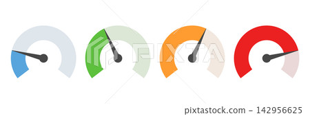 Risk meter icon set collection in flat style. High, low, medium level vector illustration on isolated background. Speedometer, barometer sign business concept. 142956625