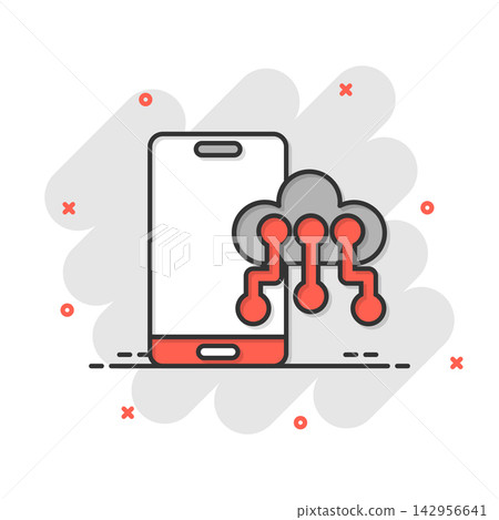 Smartphone with cloud icon in comic style. Phone network storage cartoon vector illustration on white isolated background. Online backup splash effect business concept. Smartphone with cloud icon in comic style. Phone network storage cartoon vector illustration on white isolated background. Online backup splash effect business concept. 142956641