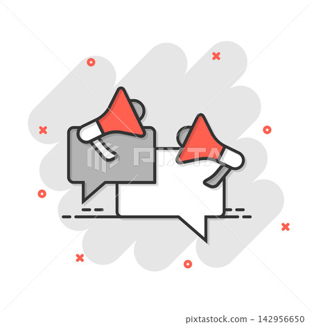 Speech bubble with megaphone icon in comic style. Dialogue box cartoon vector illustration on white isolated background. Bullhorn speaker splash effect business concept. Speech bubble with megaphone icon in comic style. Dialogue box cartoon vector illustration on white isolated background. Bullhorn speaker splash effect business concept. 142956650