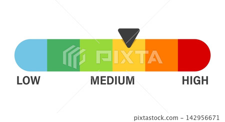 Risk meter icon in flat style. High, low, medium level vector illustration on isolated background. Speedometer, barometer sign business concept. Risk meter icon in flat style. High, low, medium level vector illustration on isolated background. Speedometer, barometer sign business concept. 142956671