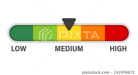 Risk meter icon in flat style. High, low, medium level vector illustration on isolated background. Speedometer, barometer sign business concept. Risk meter icon in flat style. High, low, medium level vector illustration on isolated background. Speedometer, barometer sign business concept. 142956672