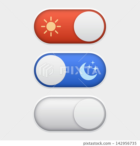 On and off toggle icon in flat style. Enable, disable button vector illustration on isolated background. Day, night indicator sign business concept. On and off toggle icon in flat style. Enable, disable button vector illustration on isolated background. Day, night indicator sign business concept. 142956735