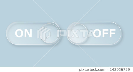 On and off toggle icon in liquid glass style. Enable, disable button vector illustration on isolated background. Indicator sign business concept. On and off toggle icon in liquid glass style. Enable, disable button vector illustration on isolated background. Indicator sign business concept. 142956739