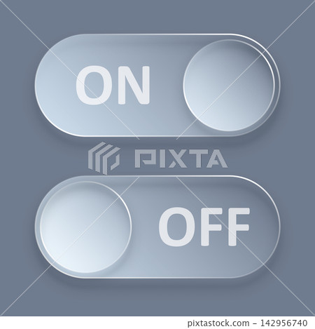 On and off toggle icon in liquid glass style. Enable, disable button vector illustration on isolated background. Indicator sign business concept. On and off toggle icon in liquid glass style. Enable, disable button vector illustration on isolated background. Indicator sign business concept. 142956740