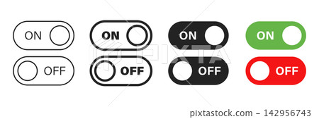 On and off toggle icon in flat style. Enable, disable button vector illustration on isolated background. Indicator sign business concept. On and off toggle icon in flat style. Enable, disable button vector illustration on isolated background. Indicator sign business concept. 142956743