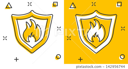 Vector cartoon fire warning shield sign icon in comic style. Flame protection sign illustration pictogram. Fire business splash effect concept. Vector cartoon fire warning shield sign icon in comic style. Flame protection sign illustration pictogram. Fire business splash effect concept. 142956744
