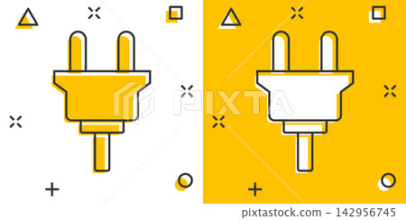 Vector cartoon electric plug sign icon in comic style. Power plug sign illustration pictogram. Electric cable business splash effect concept. Vector cartoon electric plug sign icon in comic style. Power plug sign illustration pictogram. Electric cable business splash effect concept. 142956745