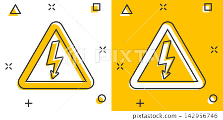 Vector cartoon high voltage danger icon in comic style. Danger electricity sign illustration pictogram. High voltage business splash effect concept. Vector cartoon high voltage danger icon in comic style. Danger electricity sign illustration pictogram. High voltage business splash effect concept. 142956746
