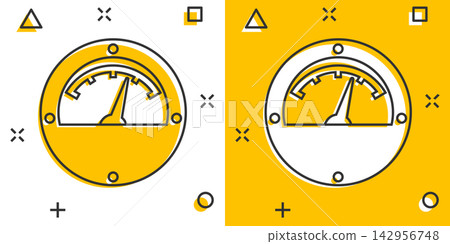 Vector cartoon electric meter icon in comic style. Power meter sign illustration pictogram. High voltage business splash effect concept. Vector cartoon electric meter icon in comic style. Power meter sign illustration pictogram. High voltage business splash effect concept. 142956748