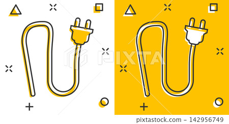 Vector cartoon electric plug sign icon in comic style. Power plug sign illustration pictogram. Electric cable business splash effect concept. 142956749