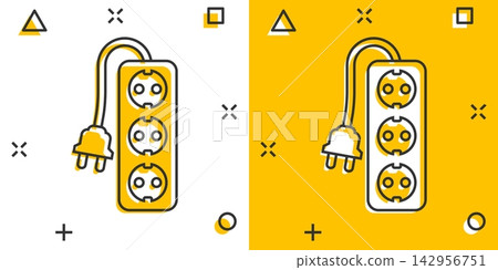 Vector cartoon extension cord sign icon in comic style. Electric power socket sign illustration pictogram. Power socket business splash effect concept. 142956751