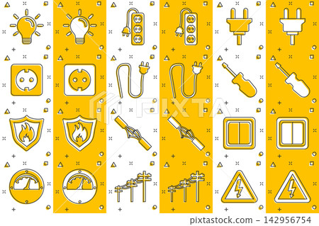 Vector cartoon electricity icons set in comic style. Electrician sign illustration pictogram. Voltage technology business splash effect concept. 142956754
