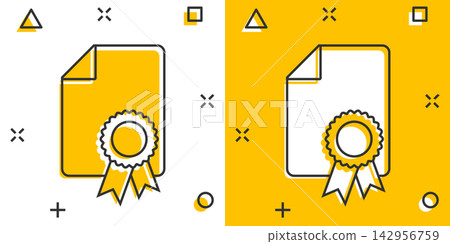 Vector cartoon certificate icon in comic style. Diploma sign illustration pictogram. Certificate document business splash effect concept. Vector cartoon certificate icon in comic style. Diploma sign illustration pictogram. Certificate document business splash effect concept. 142956759