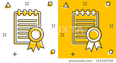 Vector cartoon certificate icon in comic style. Diploma sign illustration pictogram. Certificate document business splash effect concept. Vector cartoon certificate icon in comic style. Diploma sign illustration pictogram. Certificate document business splash effect concept. 142956760