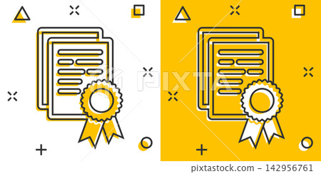 Vector cartoon certificate icon in comic style. Diploma sign illustration pictogram. Certificate document business splash effect concept. Vector cartoon certificate icon in comic style. Diploma sign illustration pictogram. Certificate document business splash effect concept. 142956761