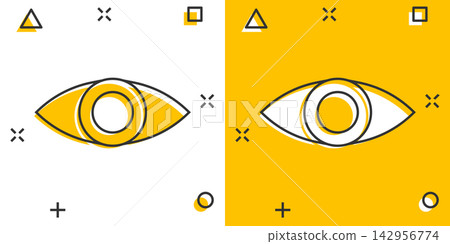 Vector cartoon eye icon in comic style. Eyeball look sign illustration pictogram. Eye business splash effect concept. 142956774