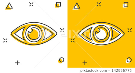 Vector cartoon eye icon in comic style. Eyeball look sign illustration pictogram. Eye business splash effect concept. Vector cartoon eye icon in comic style. Eyeball look sign illustration pictogram. Eye business splash effect concept. 142956775