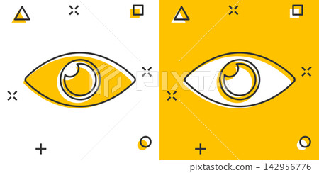 Vector cartoon eye icon in comic style. Eyeball look sign illustration pictogram. Eye business splash effect concept. Vector cartoon eye icon in comic style. Eyeball look sign illustration pictogram. Eye business splash effect concept. 142956776