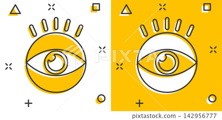 Vector cartoon eye icon in comic style. Eyeball look sign illustration pictogram. Eye business splash effect concept. Vector cartoon eye icon in comic style. Eyeball look sign illustration pictogram. Eye business splash effect concept. 142956777