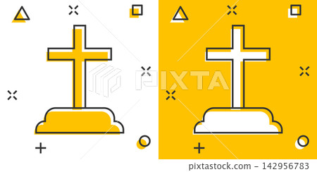 Vector cartoon halloween grave icon in comic style. Gravestone sign illustration pictogram. Rip business splash effect concept. 142956783