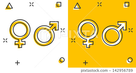 Vector cartoon gender icon in comic style. Men and women sign illustration pictogram. Sex business splash effect concept. 142956789