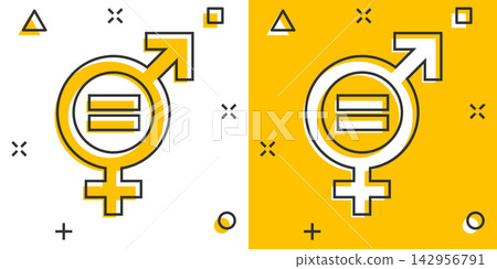 Vector cartoon gender equal icon in comic style. Men and women sign illustration pictogram. Sex business splash effect concept. Vector cartoon gender equal icon in comic style. Men and women sign illustration pictogram. Sex business splash effect concept. 142956791