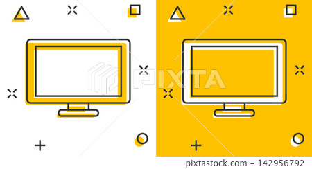 Vector cartoon computer icon in comic style. Monitor sign illustration pictogram. Tv business splash effect concept. Vector cartoon computer icon in comic style. Monitor sign illustration pictogram. Tv business splash effect concept. 142956792